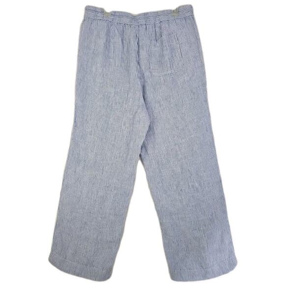 Talbots~Woman L Petite~Blue/White Linen Wide Leg Pants Pull On Coastal Beach NWT - Picture 14 of 16